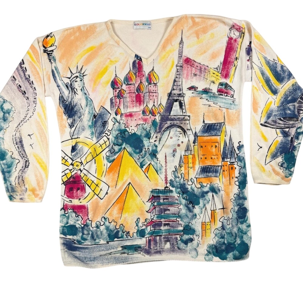Kolorway Vintage V-Neck Sweater Women L Multicolor World Landmarks Print